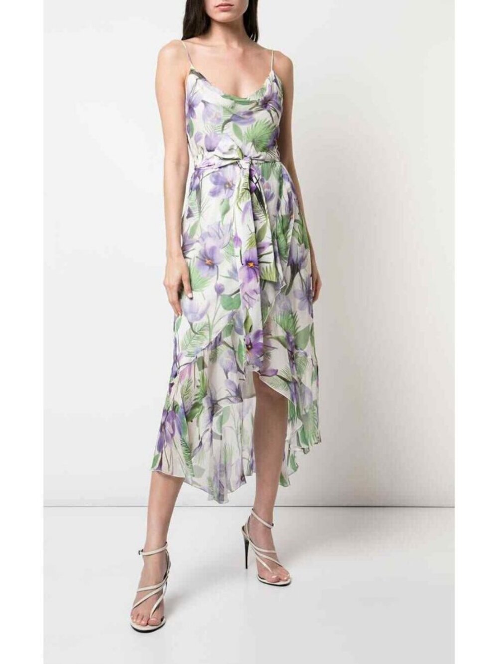 Alice & Olivia Floral Print Cowl Ruffle Cocktail Dress Purple White Size 4